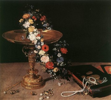 Naturaleza muerta con guirnalda de flores y taza dorada de Jan Brueghel el Viejo floral Pinturas al óleo